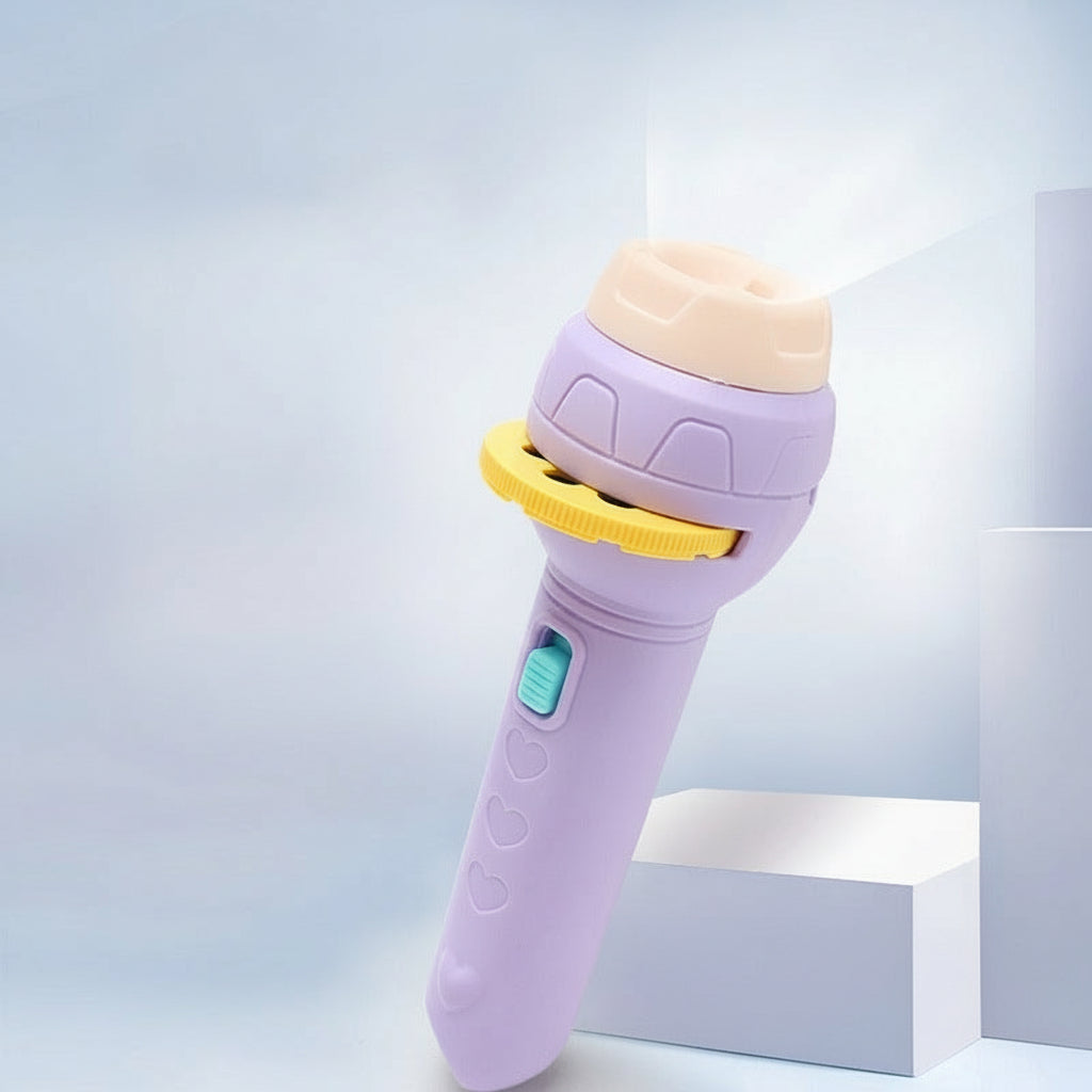 Purple flashlight with text on a light blue background