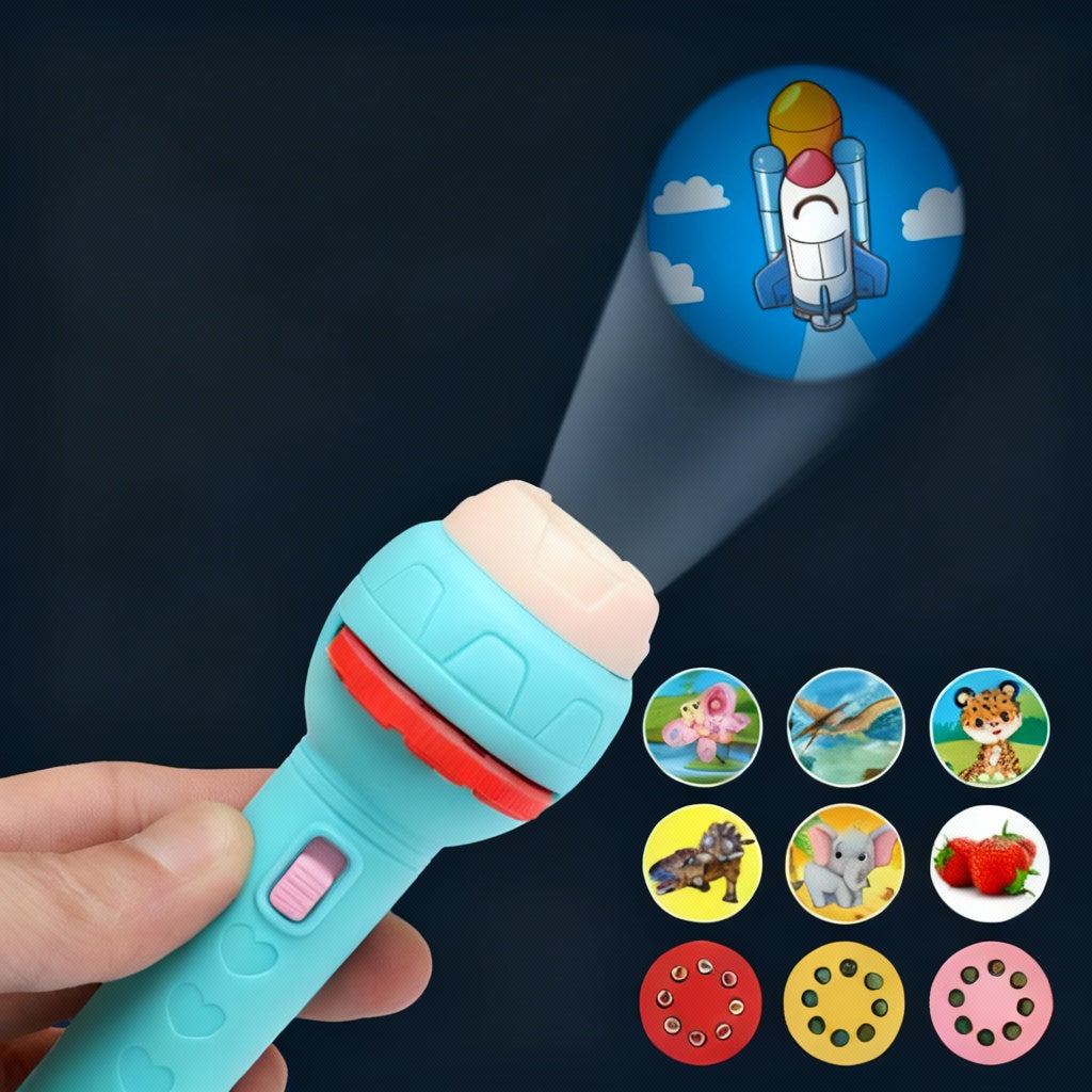 Children's toy flashlight with projection of a rocket and various other images on a dark background.