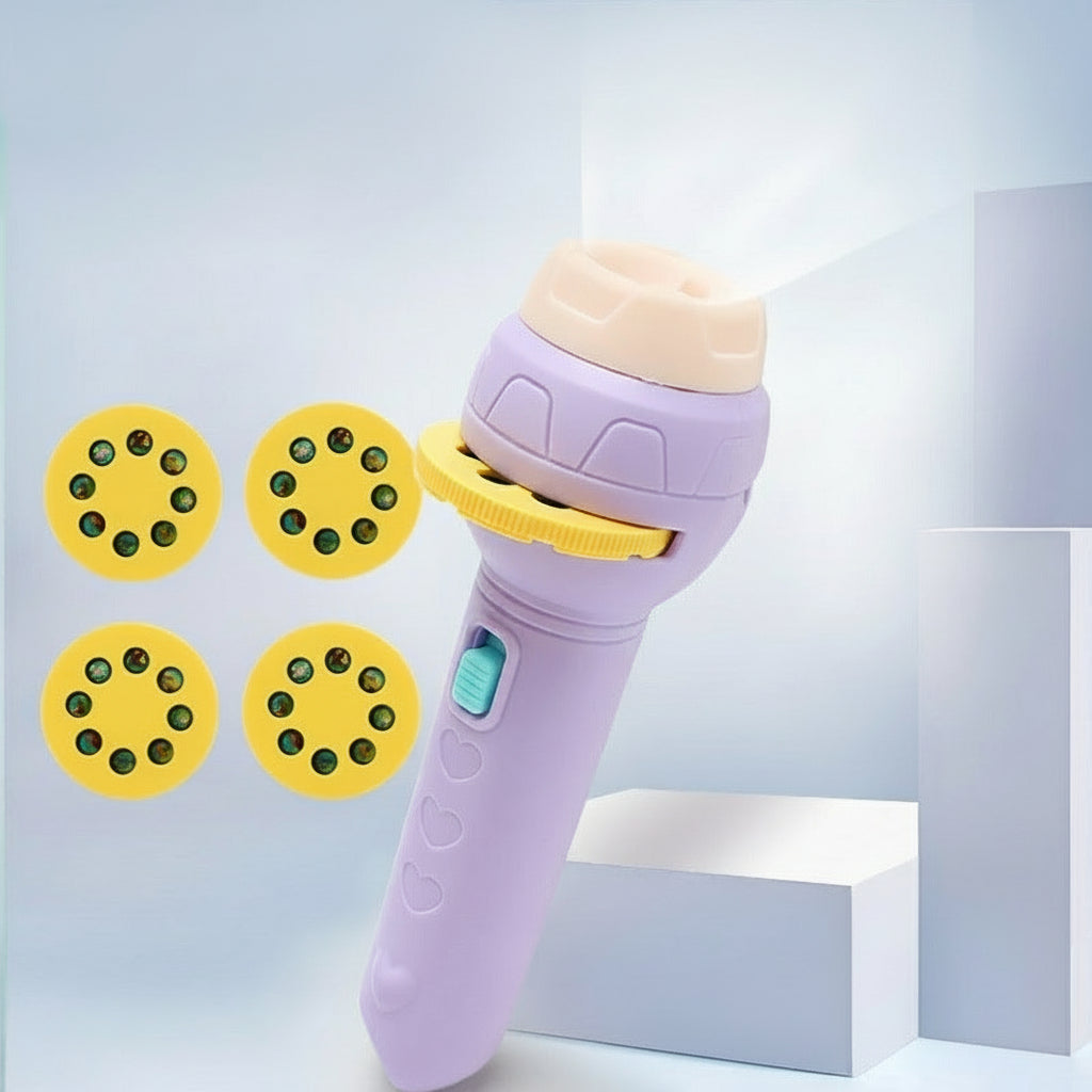 Purple flashlight with yellow accents and projection wheels on a light blue background