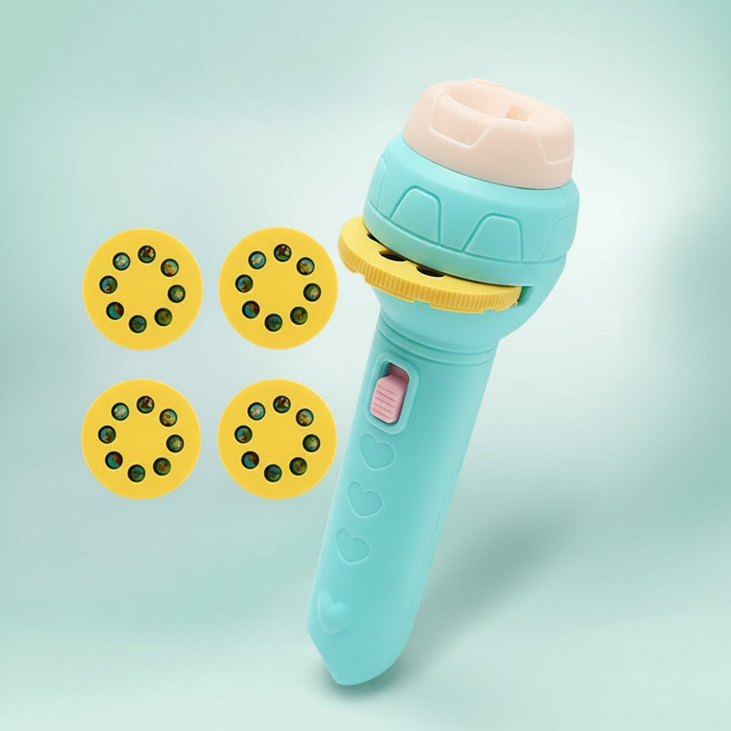 Toy flashlight with projection wheels on a light blue background