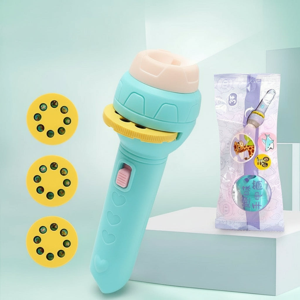 Toy flashlight with projection wheel and packaging on a light blue background