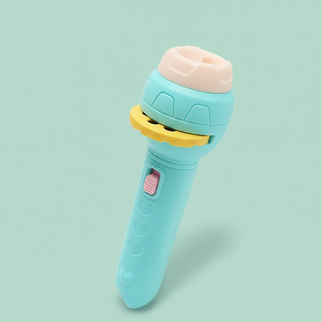 Green flashlight with product details on a light green background