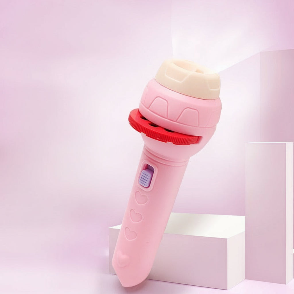 Pink handheld flashlight with product details on a light pink background