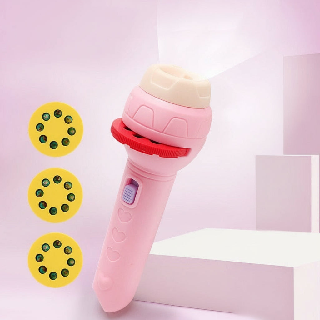 Pink toy flashlight with packaging and projection wheel on a light pink background