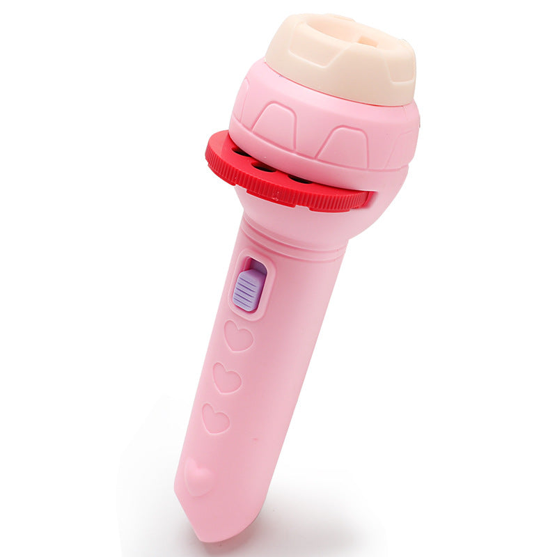 Pink flashlight projector toy with a red base on a white background