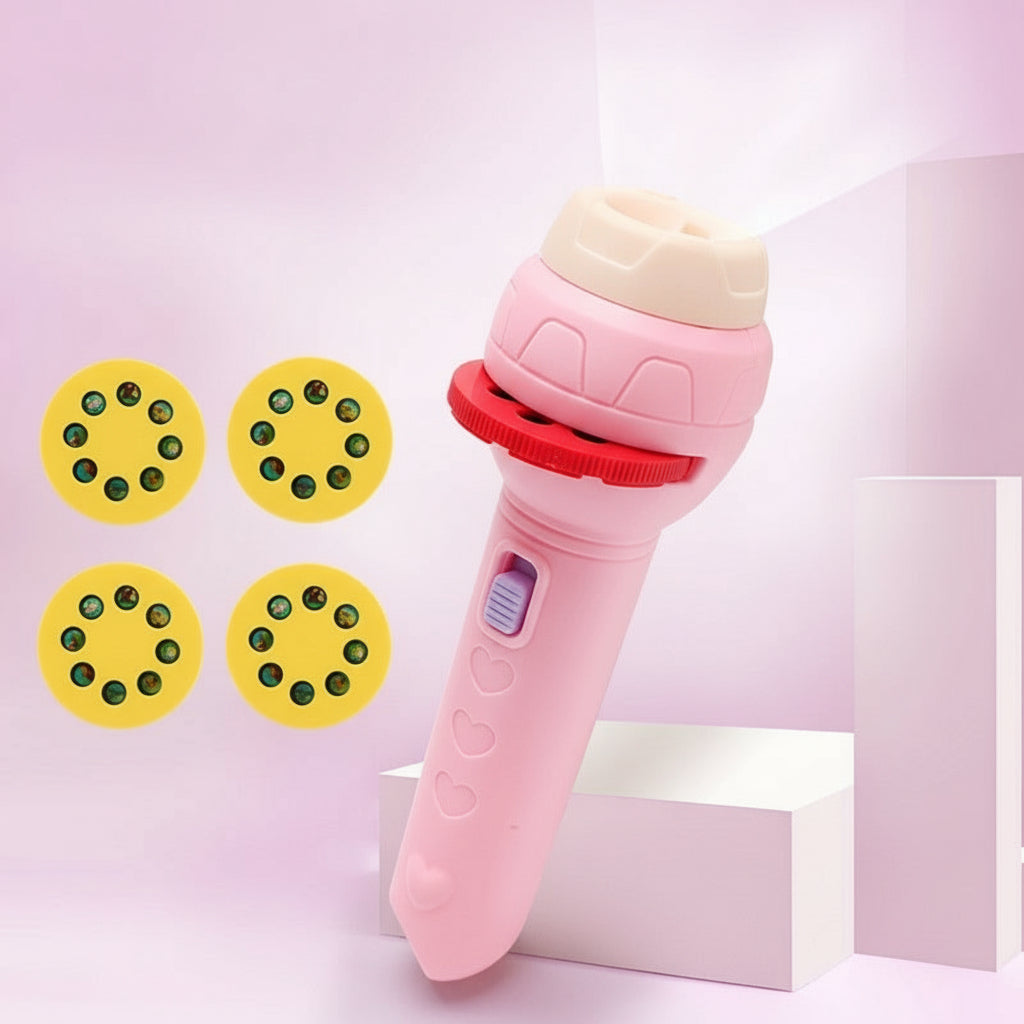 Pink toy flashlight with projection wheels on a pink background