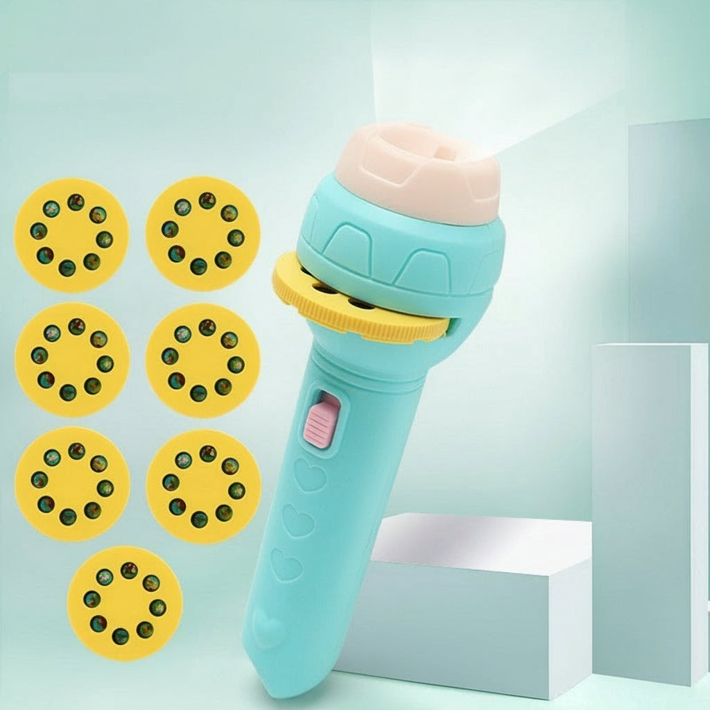 Toy flashlight with projection discs on a light blue background