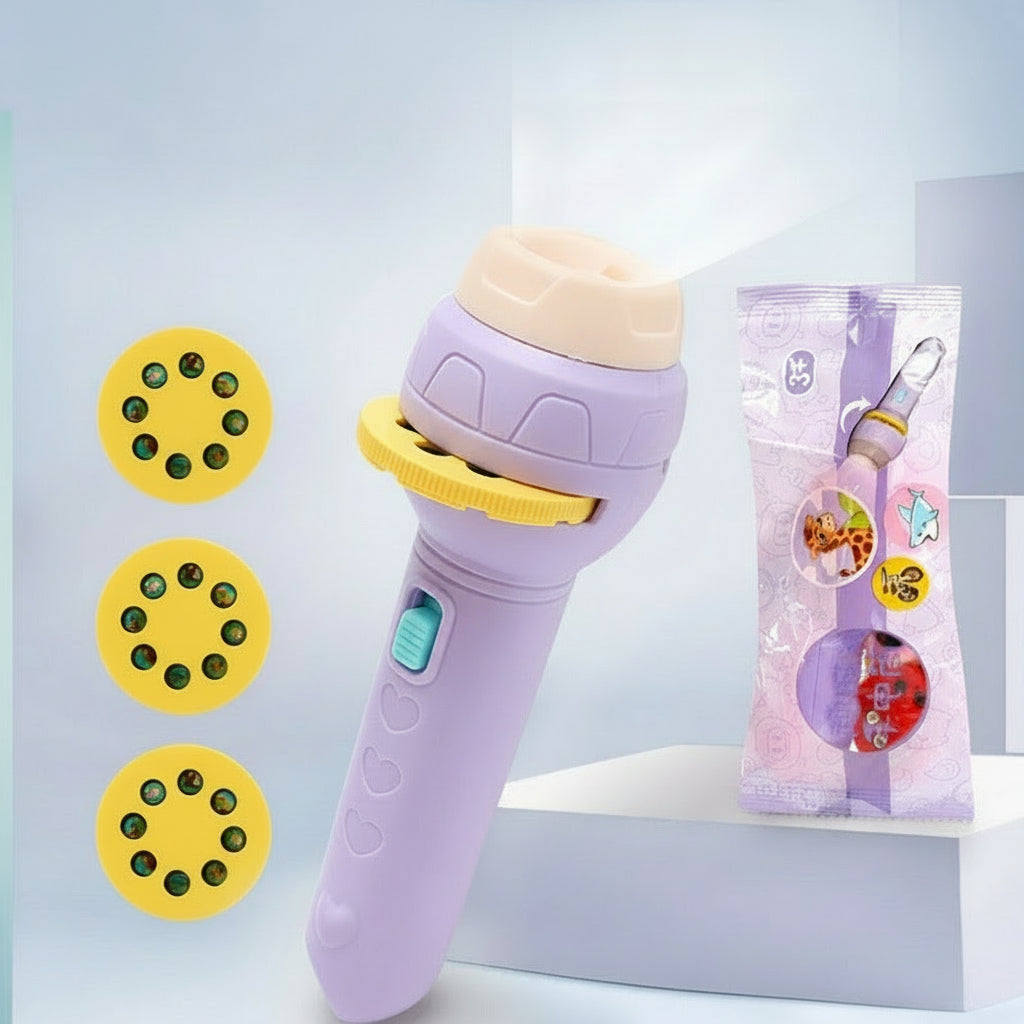 Purple flashlight with yellow accents and packaging on a light blue background
