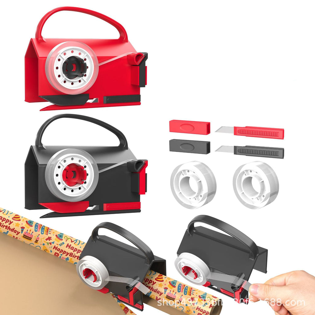Red and black tape dispenser with accessories on a white background